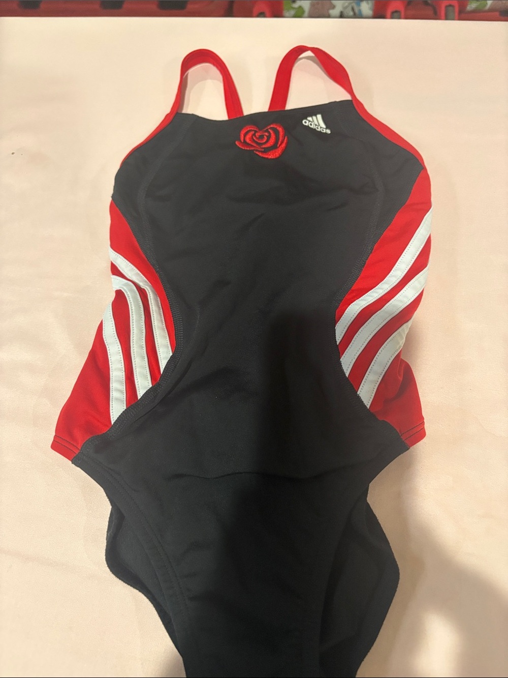 adidas Black and Red Girls One-Piece Swimsuit with White Stripes